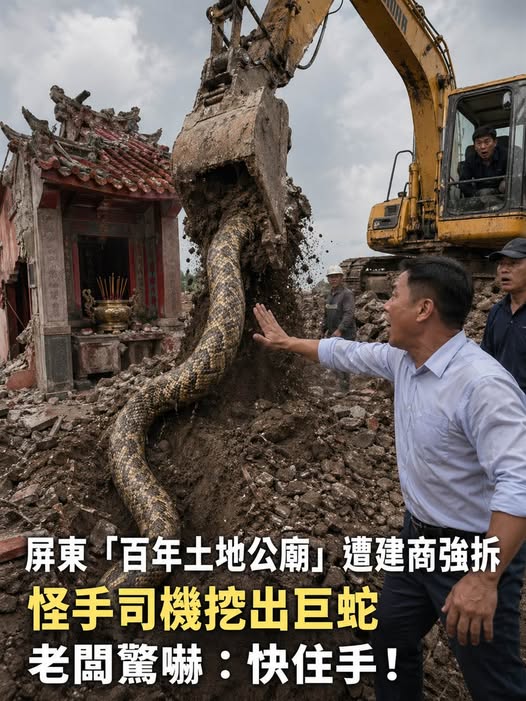 屏東「百年土地公廟」遭建商強拆，怪手司機挖出巨蛇，老闆驚嚇：快住手！