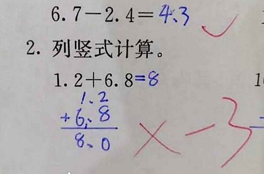 兒子國小計算題「1.2+6.8=8」被打叉扣分！寶媽不解找老師理論　結果「一聽解釋」羞愧難當