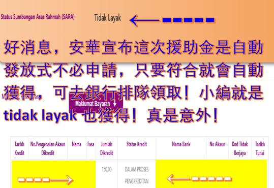 好消息，安華宣布這次援助金是自動發放式不必申請，只要符合就會自動獲得，可去銀行排隊領取！小編就是tidak layak也獲得！真是意外！