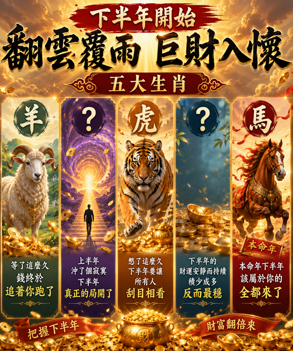 下半年開始翻雲覆雨，巨財入懷的五大生肖