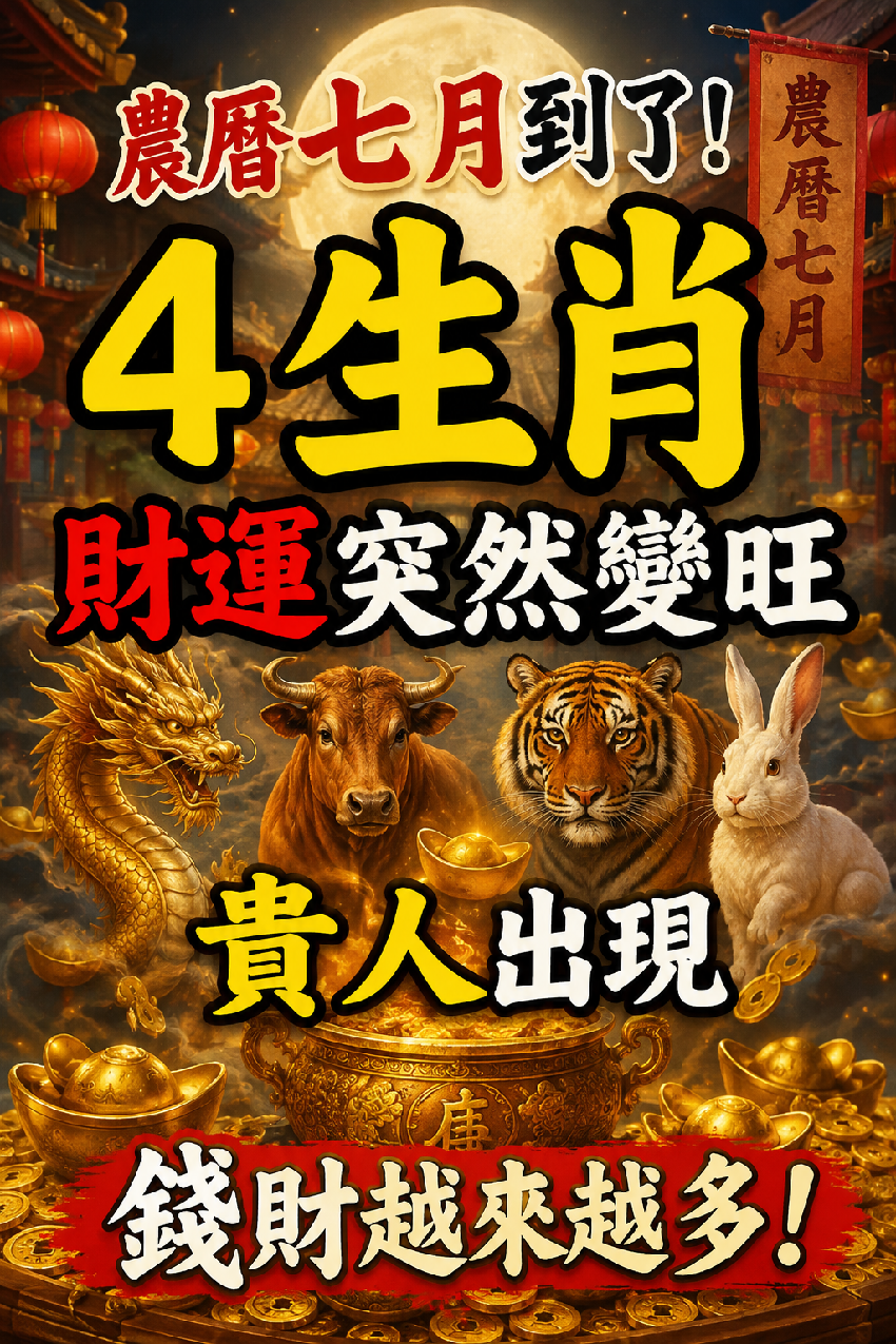 農曆七月到了！4生肖財運突然變旺，貴人出現，錢財越來越多！