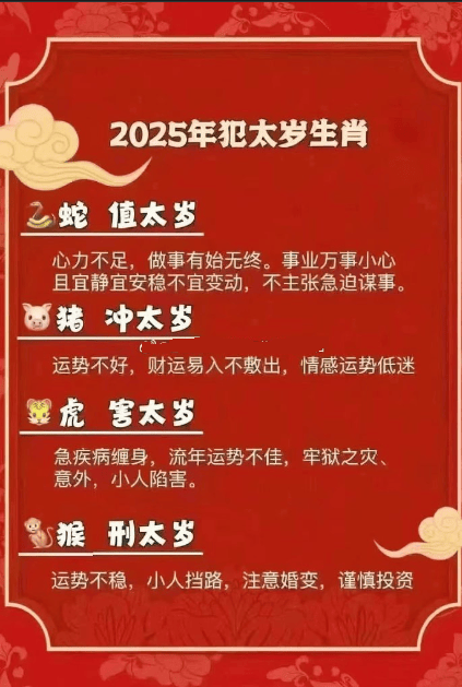 2025年犯太歲的四個生肖，儘早處理改善新年運勢，財源廣進