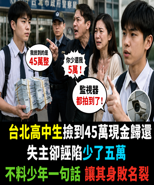 臺北高中生撿到45萬現金歸還，失主卻誣陷少了五萬，不料少年一句話，讓其身敗名裂