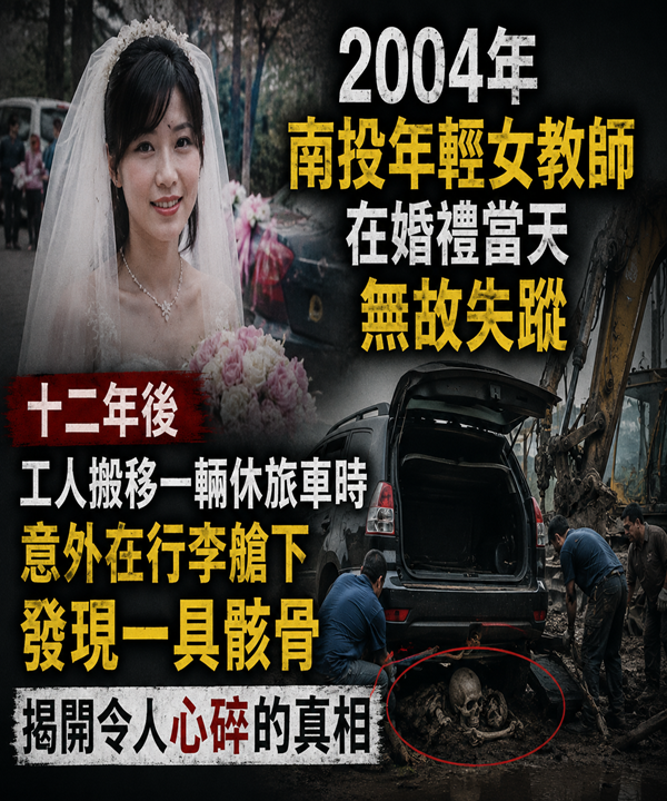 2004年南投年輕女教師在婚禮當天無故失蹤…12年後工人搬移一輛休旅車時，意外在行李艙下發現一具骸骨，揭開令人心碎的真相…