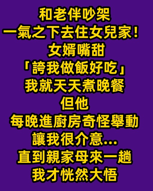 和老伴吵架一氣之下去住女兒家！ 女婿嘴甜「誇我做飯好吃」我就天天煮晚餐，但他「每晚進廚房奇怪舉動」讓我很介意…直到親家母來一趟我才恍然大悟