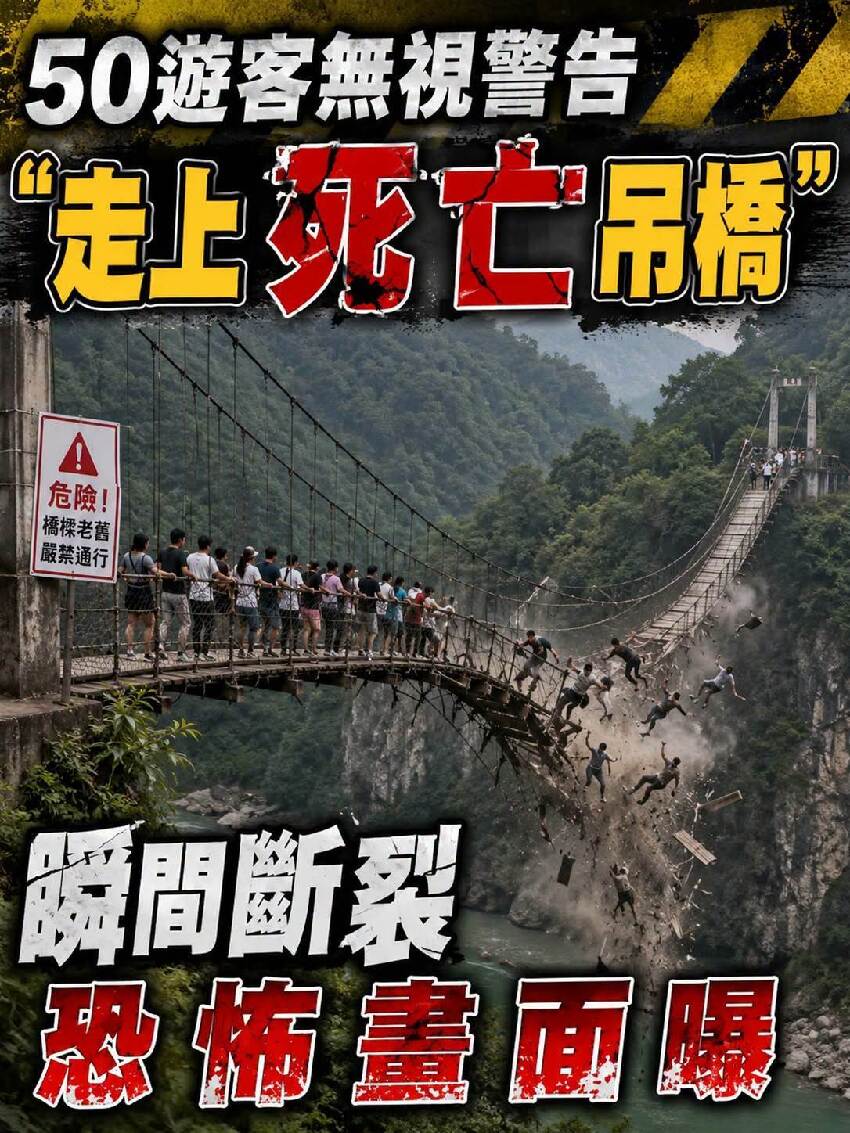 50遊客無視警告「走上死亡吊橋」 瞬間斷裂恐怖畫面曝