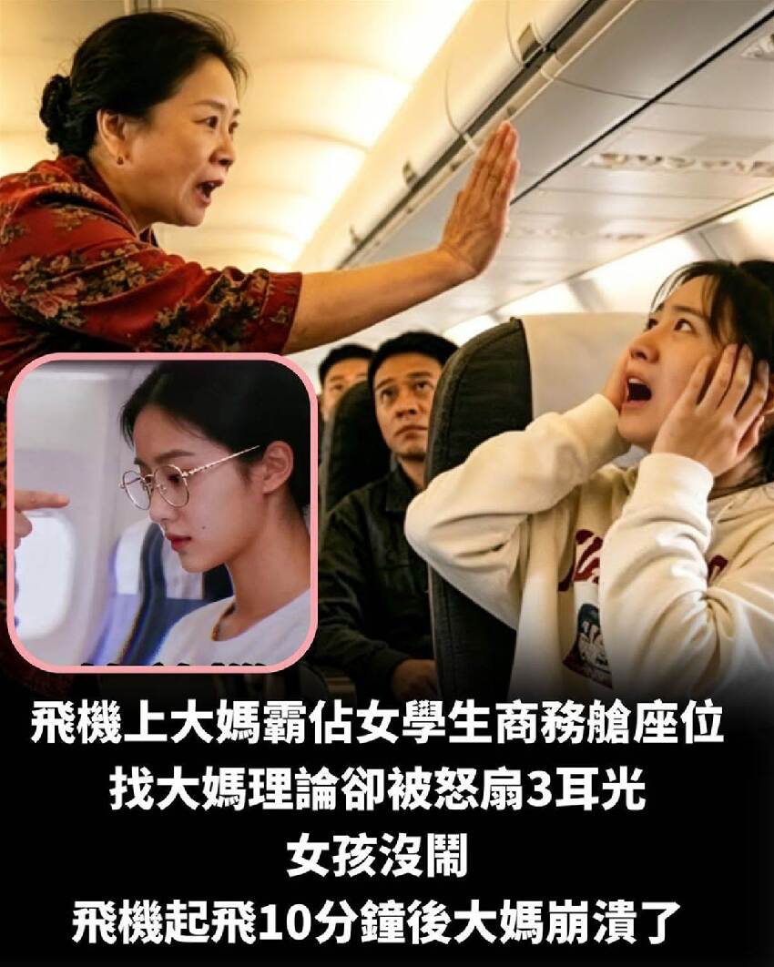 飛機上大媽霸佔女學生商務艙座位，找大媽理論卻被怒扇3耳光，女孩沒鬧，飛機起飛10分鐘後大媽崩潰了