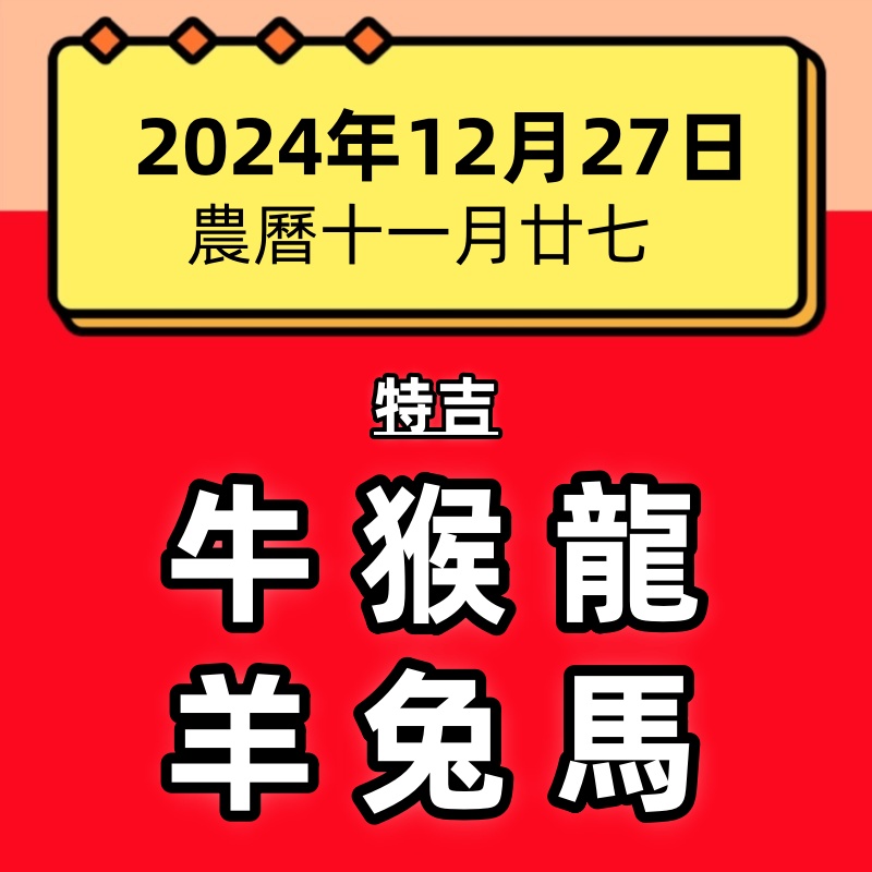 小運播報：2024年12月27日（星期五）～牛、猴、龍大吉