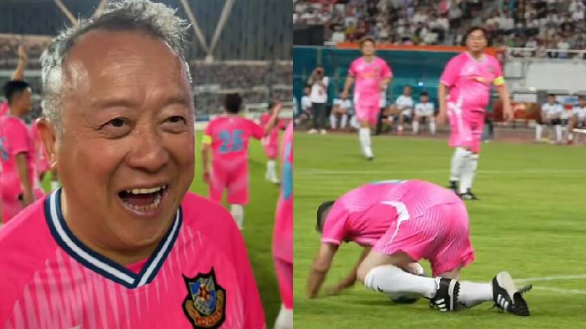 突發！前TVB高層曾志偉踢球意外摔倒，上場一分鐘尷尬離場，鞋子壞掉了