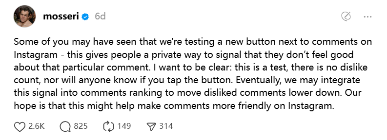 Instagram 正測試「Dislike」按鈕，但僅用於評論