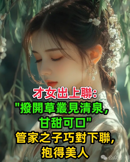 才女出上聯：「撥開草叢見清泉，甘甜可口。」管家之子巧對下聯，抱得美人